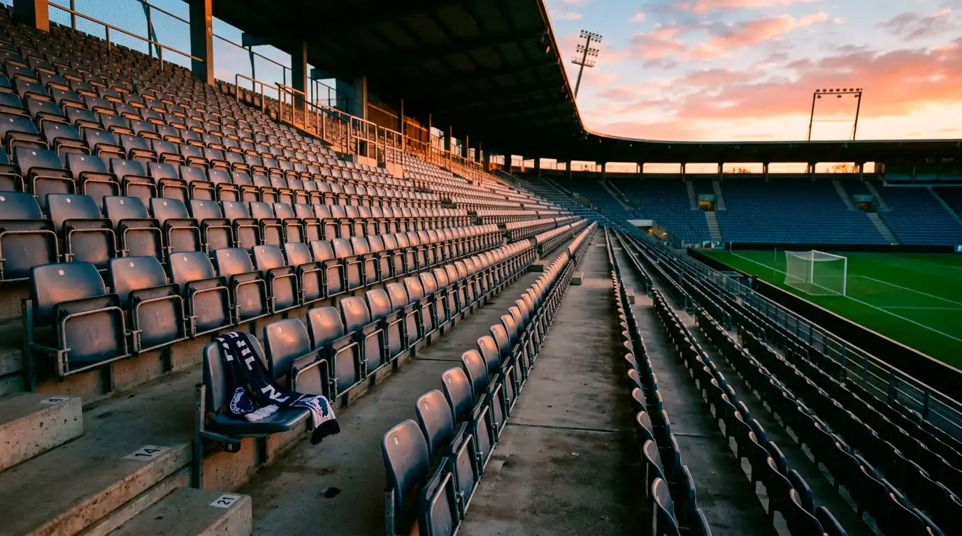 Tomme stadiontribuner ved solnedgang efter en fodboldkamp