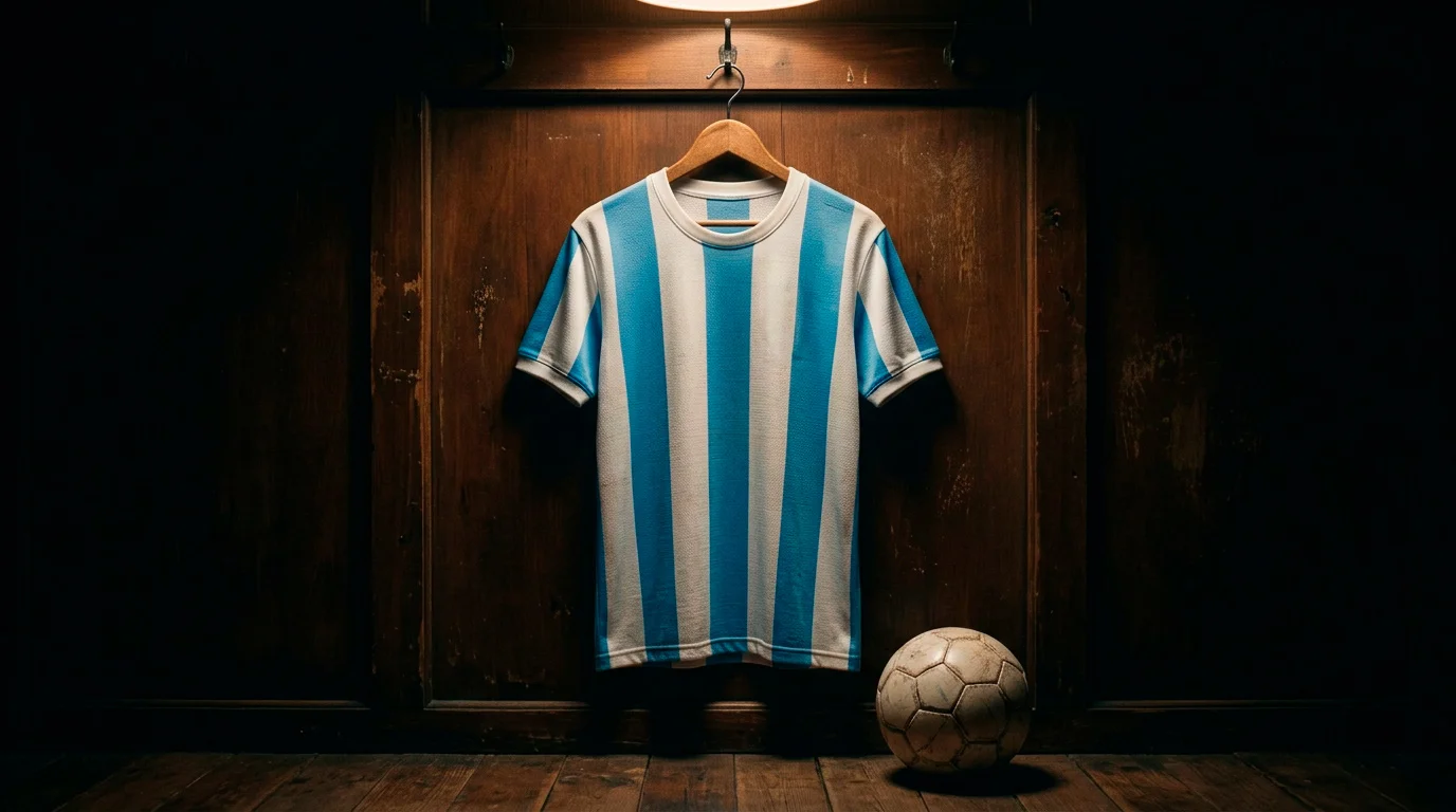 Argentinsk landsholdstrøje med trofæ-symboler i baggrunden under aftenlys