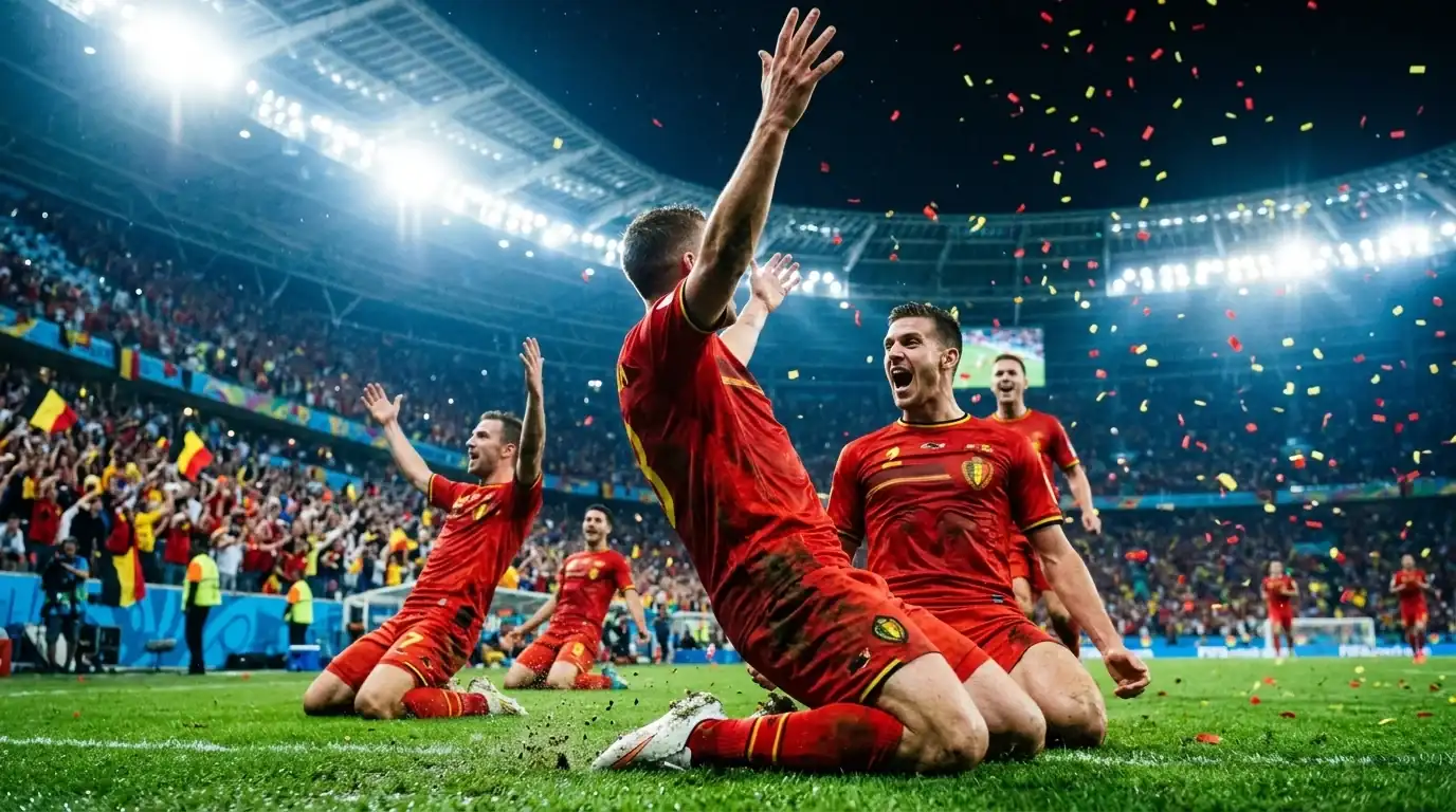 Belgiske spillere fejrer et sent mål under flombelysning på VM 2026-stadion
