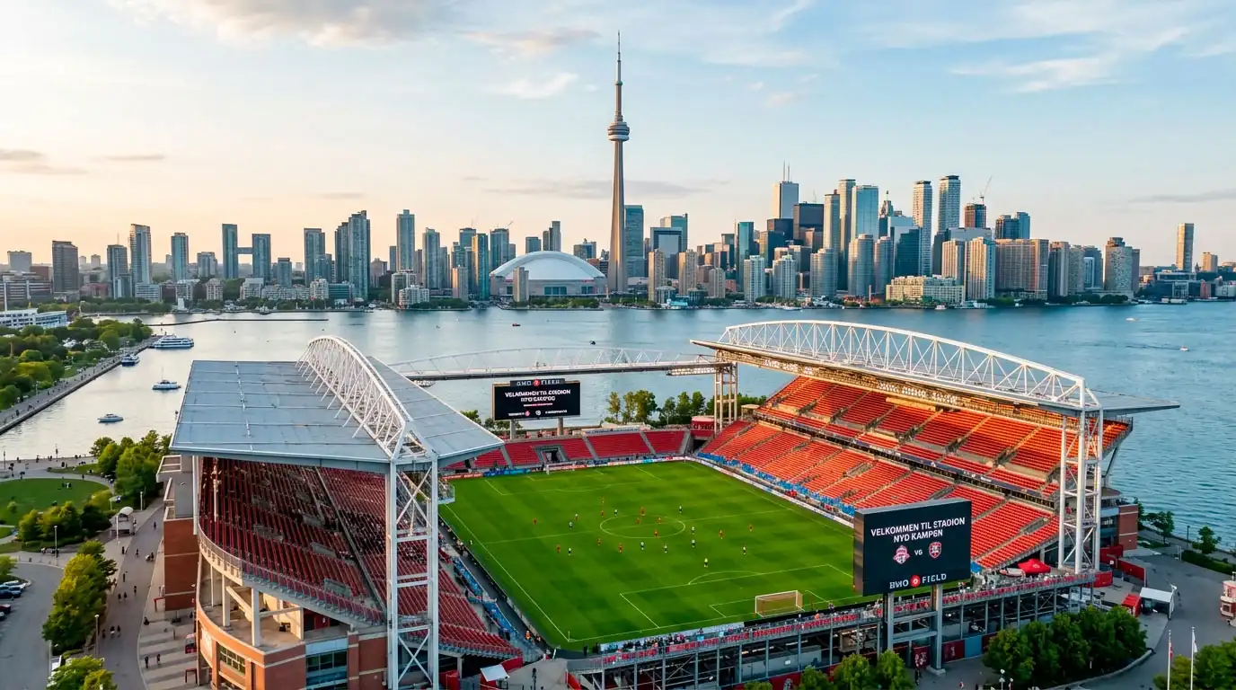 BMO Field i Toronto med Lake Ontario og Toronto skyline i baggrunden under en fodboldkamp