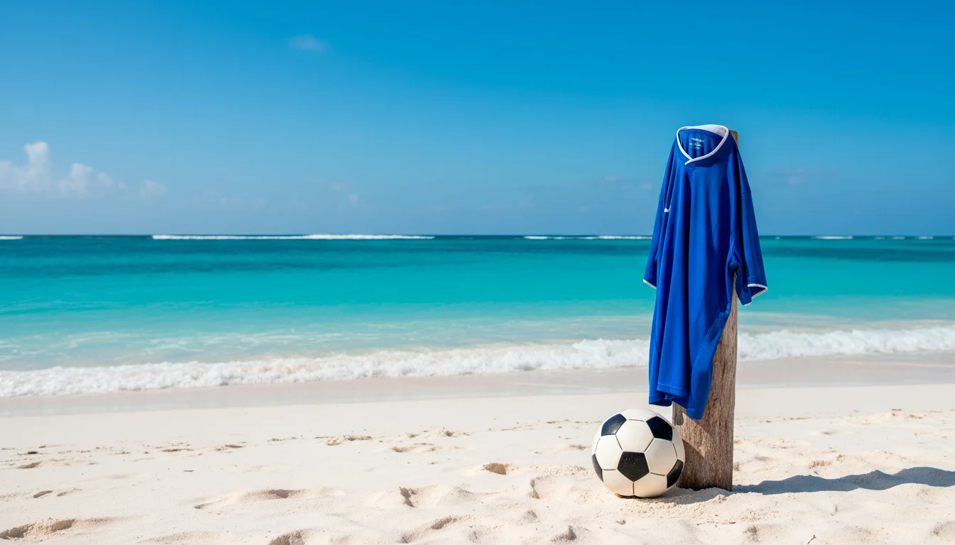 Blå Curaçao-trøje på en strand med caribisk vand i baggrunden