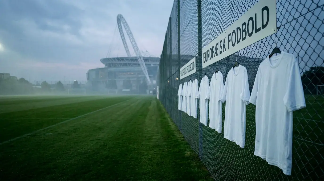 Wembley Stadium under en træningssession før VM 2026 med engelske trøjer ophængt på hegnet