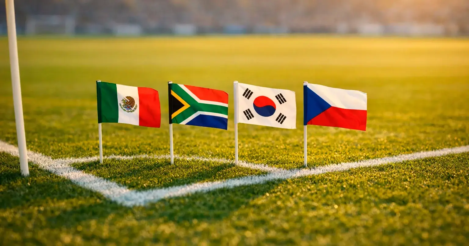 Fodboldbane med flag fra Mexico, Sydafrika, Sydkorea og Tjekkiet, der repræsenterer Gruppe A ved VM 2026