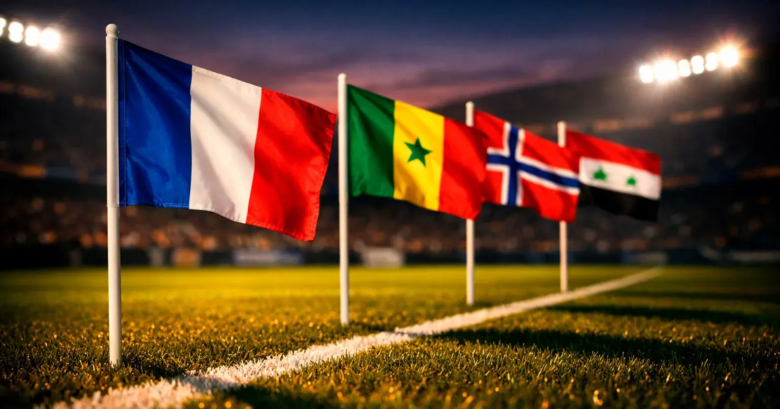 Fodboldbane med flag fra Frankrig, Senegal, Norge og Irak, der repræsenterer Gruppe I ved VM 2026