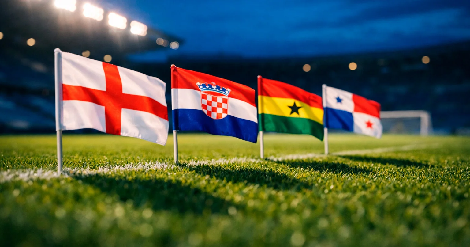 Fodboldbane med flag fra England, Kroatien, Ghana og Panama, der repræsenterer Gruppe L ved VM 2026
