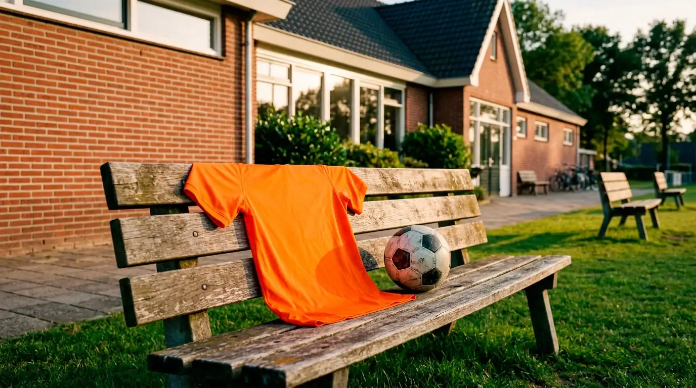 Orange hollandsk landsholdstrøje hængende på et træningsanlæg under aftensol