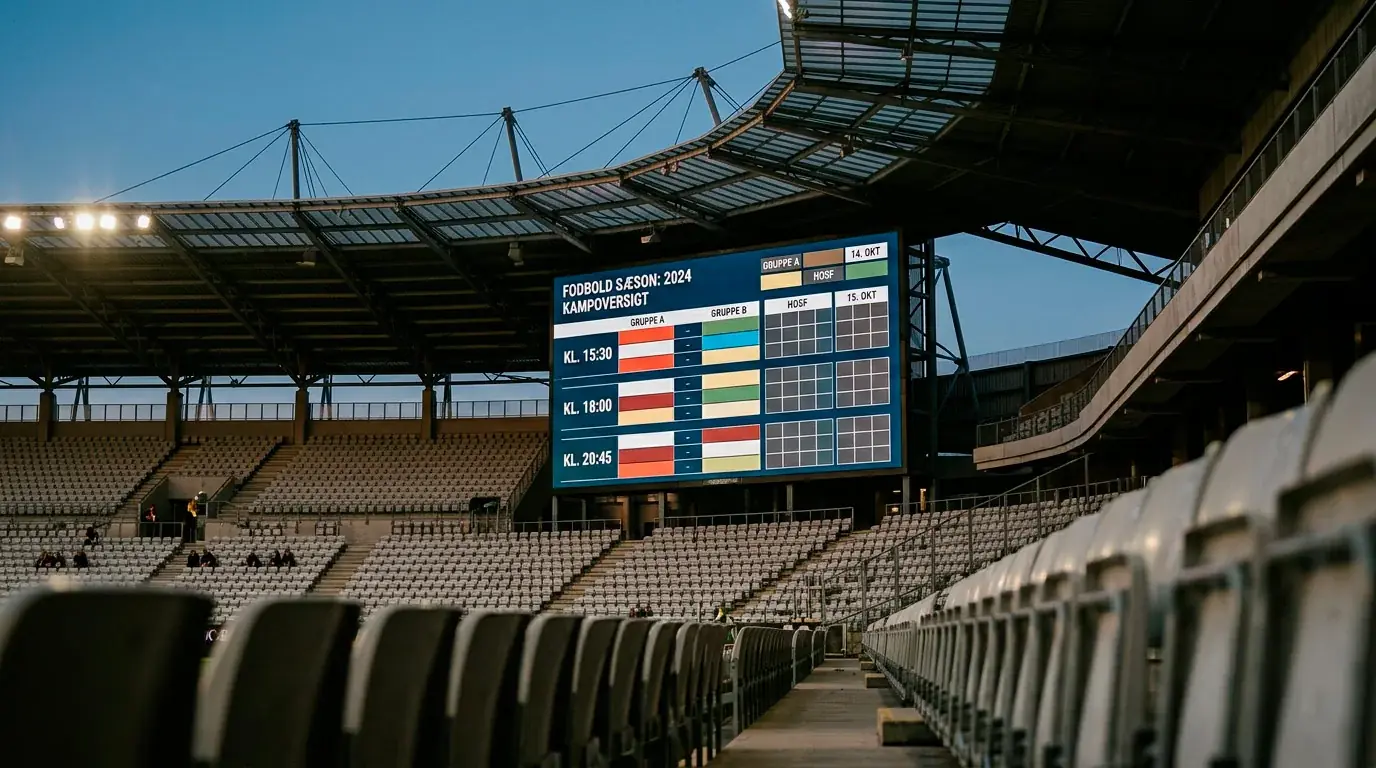 Et stort scoreboard på et amerikansk fodboldstadion viser kampprogram og spilletider