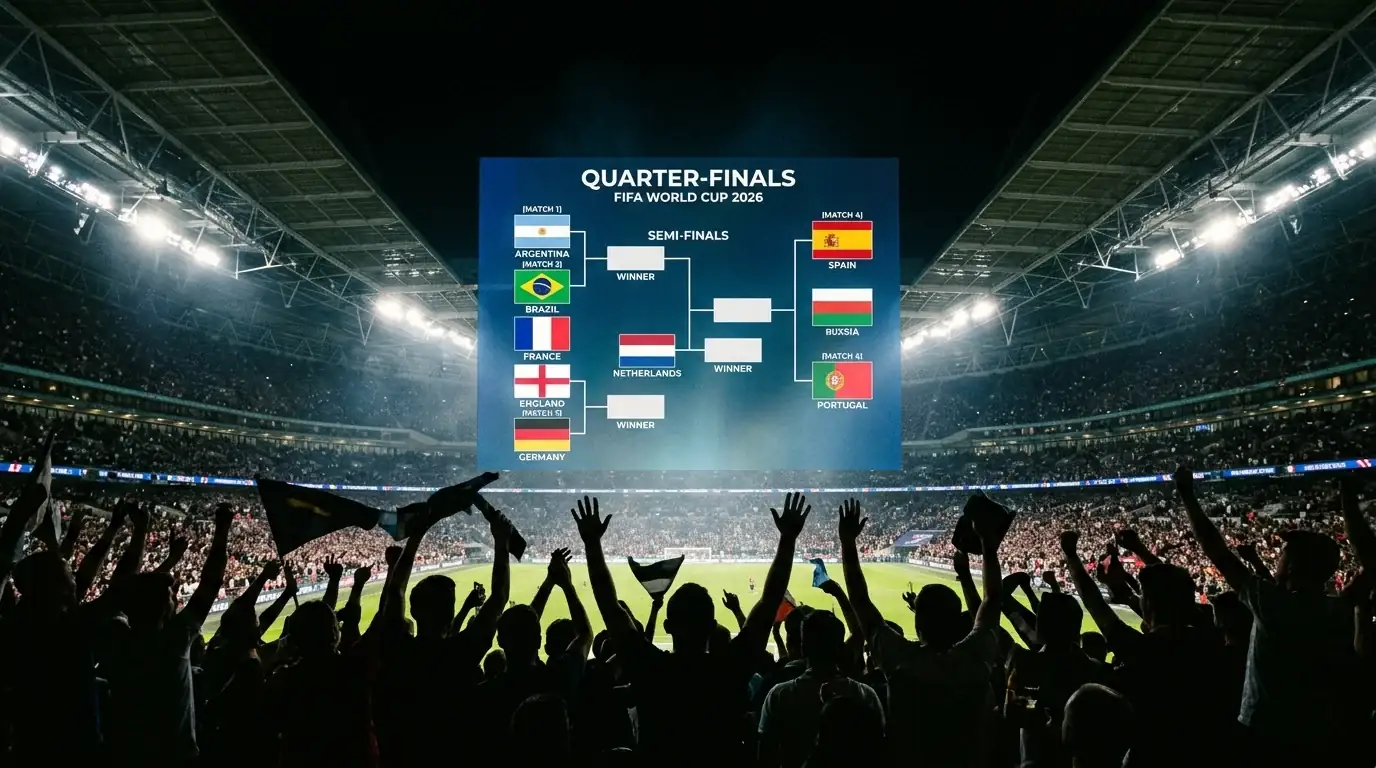 Kvartfinalebracket ved VM 2026 projiceret på storskærm i et stadion