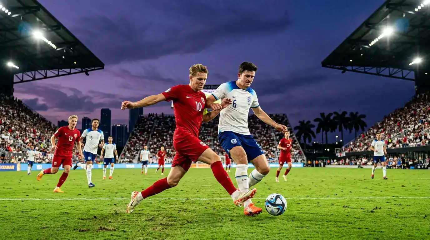 Norge og England spillere i aktion under VM 2026-kvartfinalen i Miami