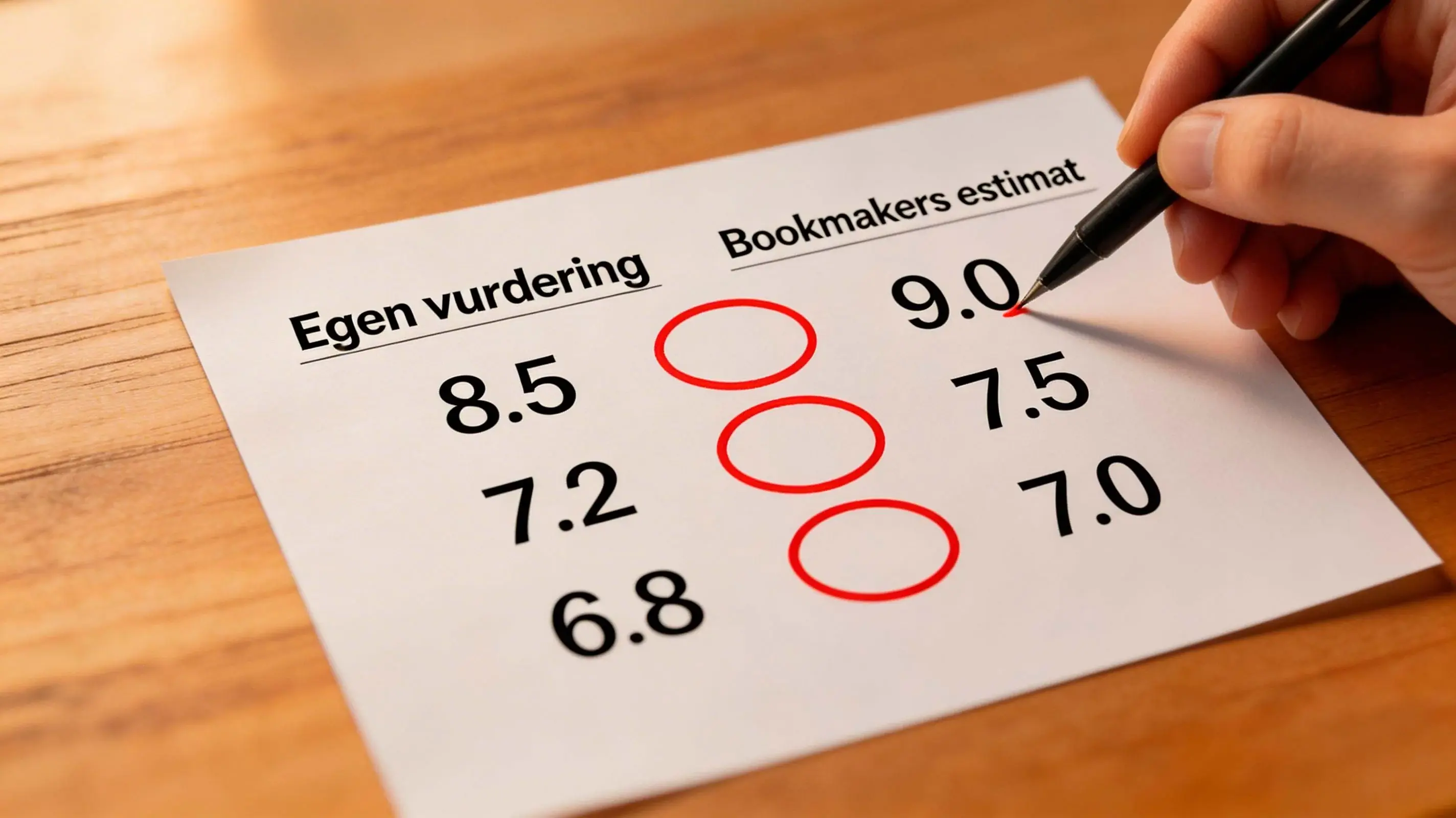 Håndskrevet sammenligning mellem egen sandsynlighedsvurdering og bookmakerens implicitte sandsynlighed for en VM-kamp