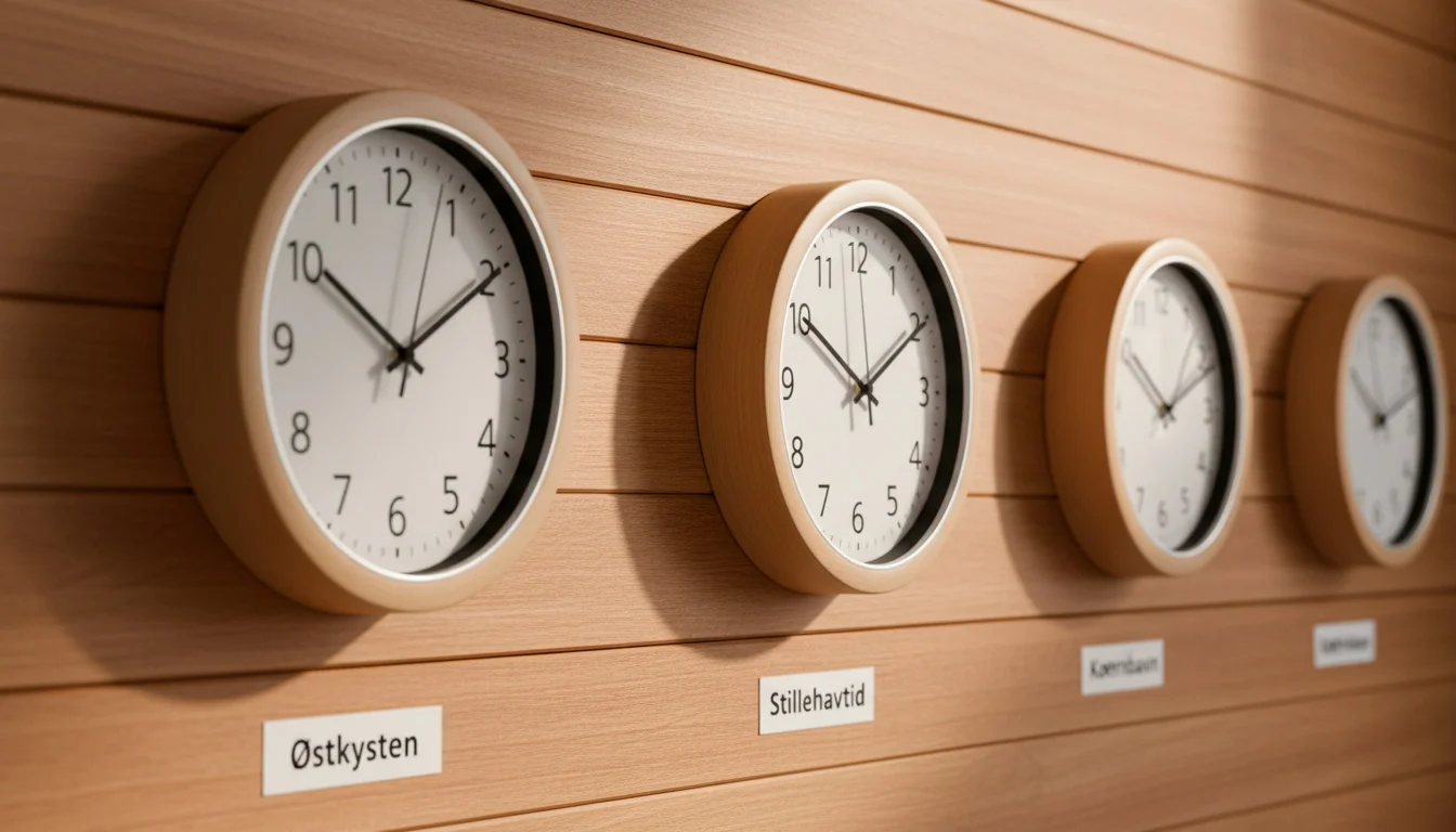 Verdensur med markeringer på Eastern Time, Central Time, Pacific Time og dansk CEST