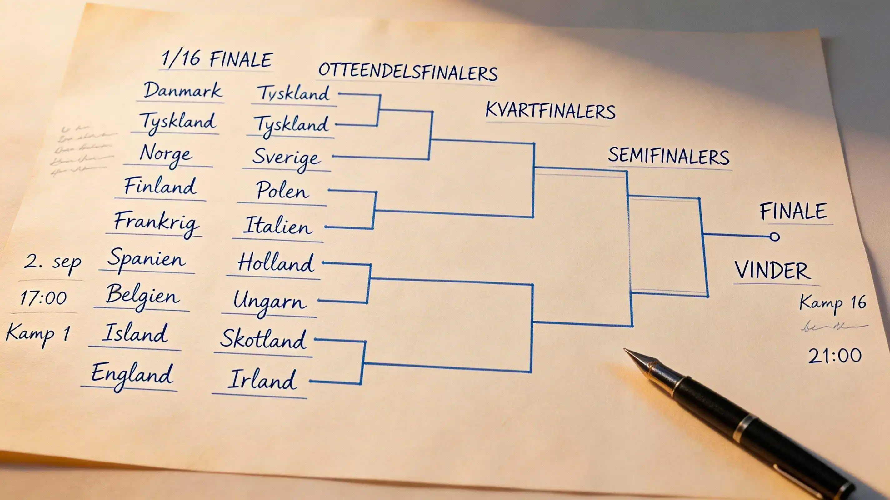 Håndtegnet bracket for VM 2026 med navne og pile fra gruppespil til finalen