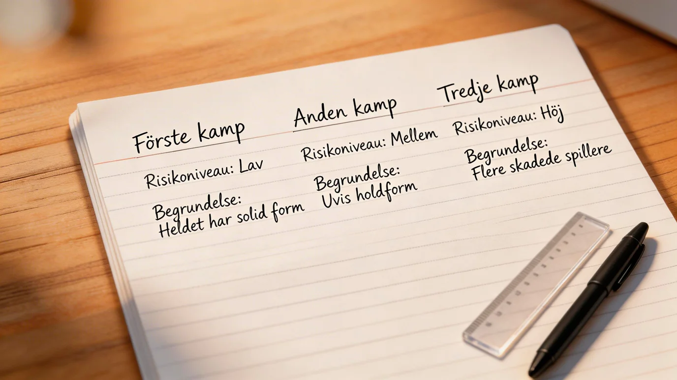 Tabel med tre gruppekampe pr. hold og noter om risikoniveau ved siden af hver kamp