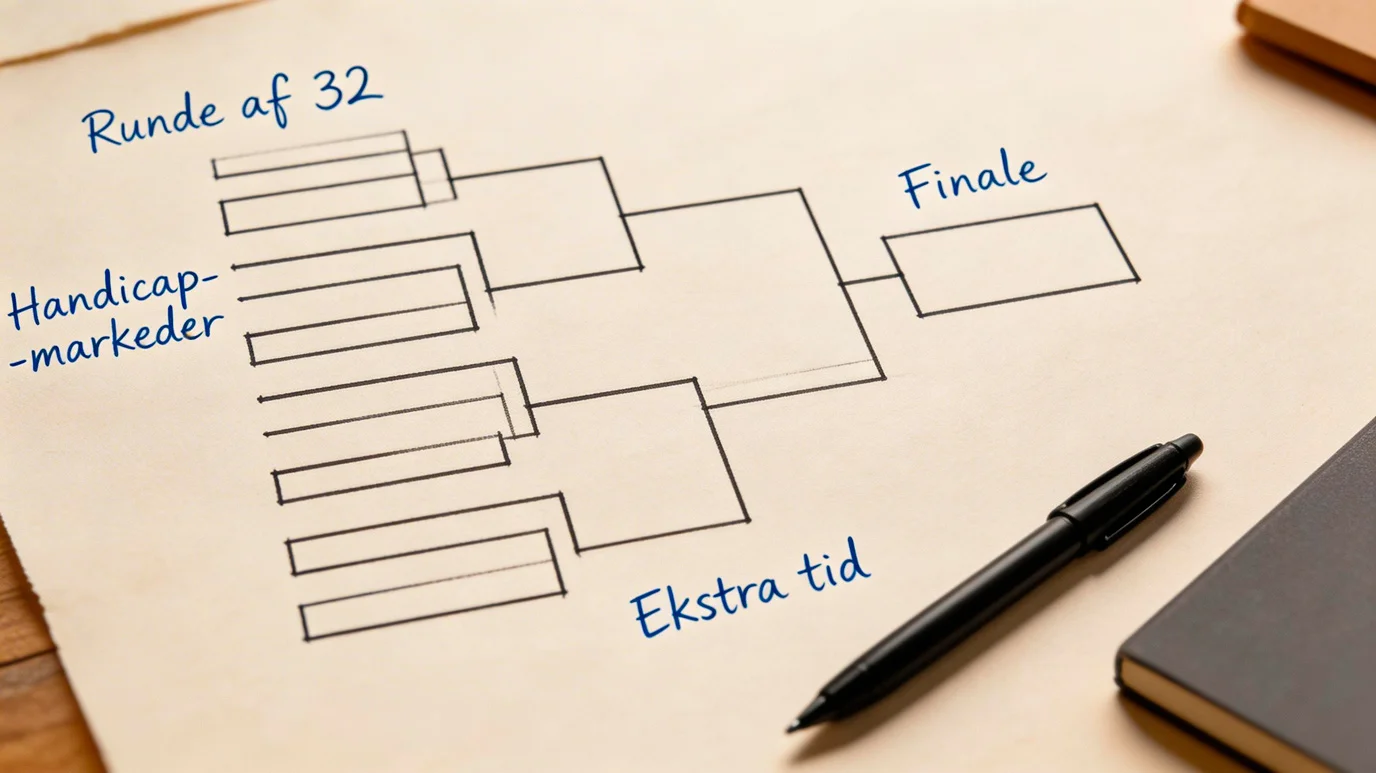 Bracket-træ for VM 2026 knockout-fasen fra Round of 32 til finalen med markeringer på handicapmarkederne