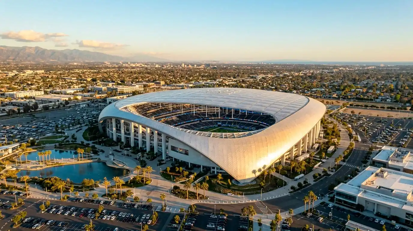 SoFi Stadium i Inglewood Los Angeles set fra luften med det halvtransparente ETFE-tag synligt