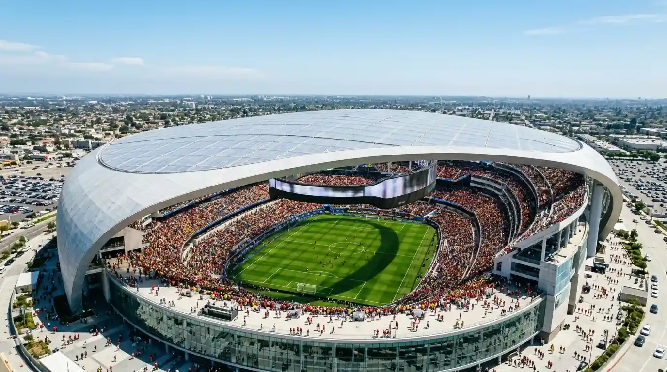 Spanien og Belgien spillere under opvarmning på SoFi Stadium i Los Angeles
