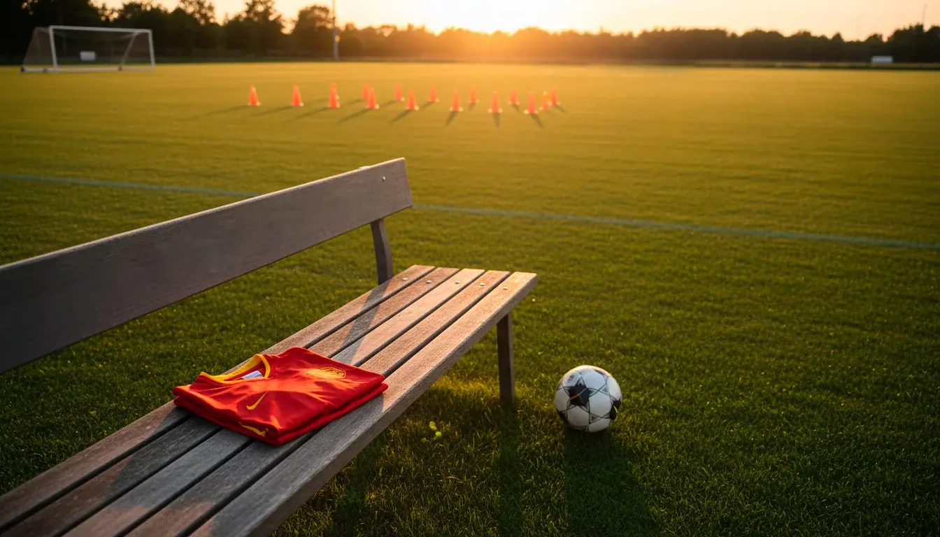 Spanske spillere i træning før VM 2026 med rød landsholdstrøje under solnedgang