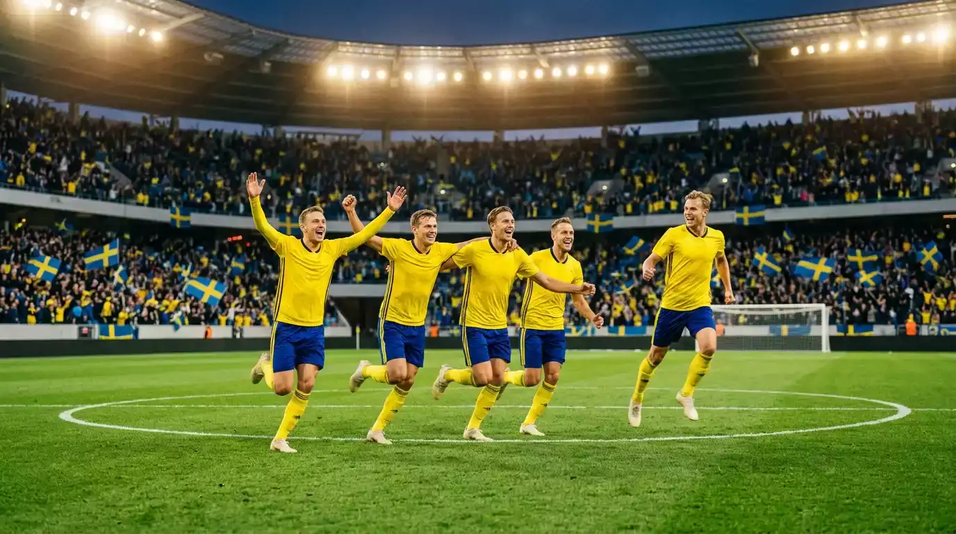 Sveriges spillere i gule trøjer fejrer et mål under en VM-kamp på et stort moderne stadion