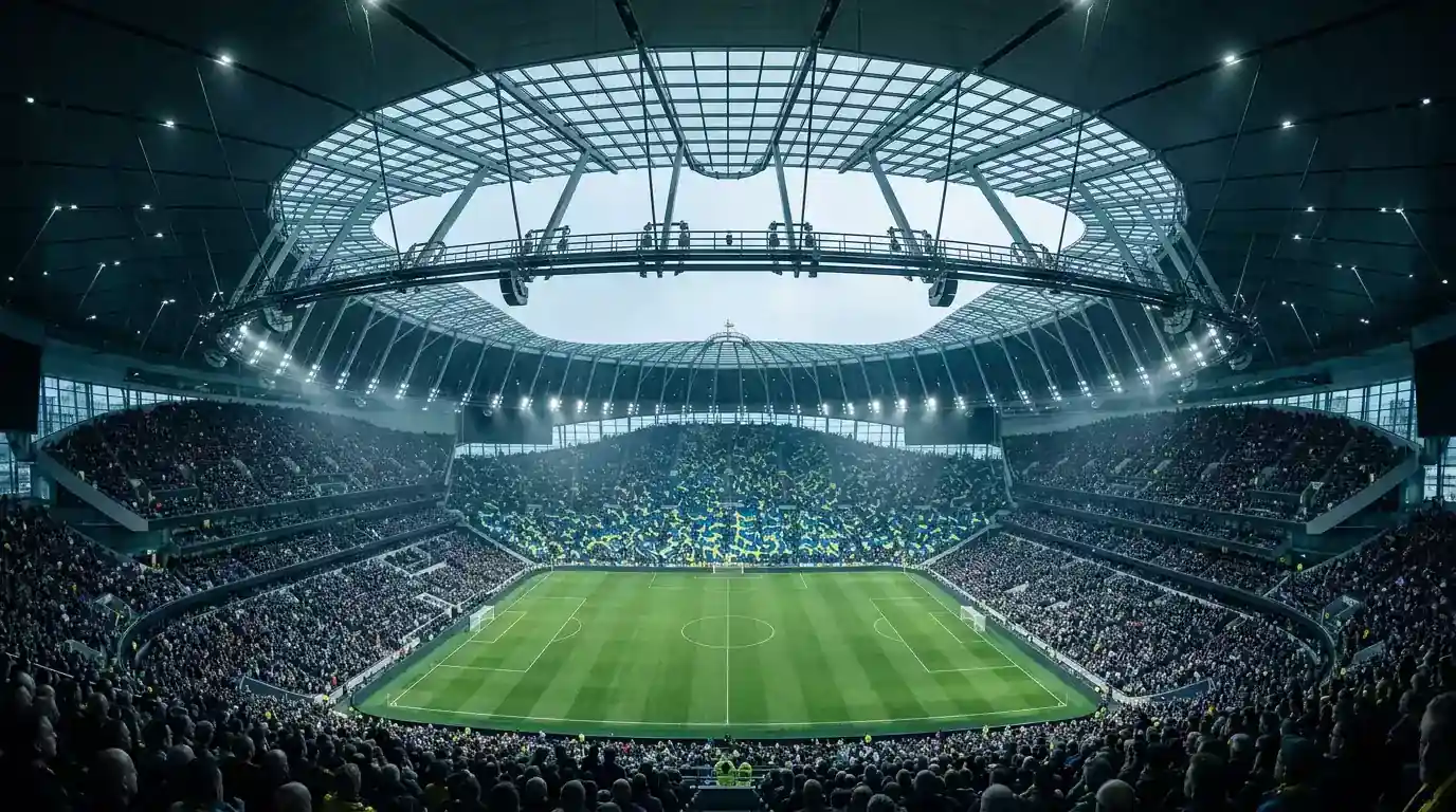 Et fyldt stadionhjørne med svenske flag, blå-gule farver og spændt stemning