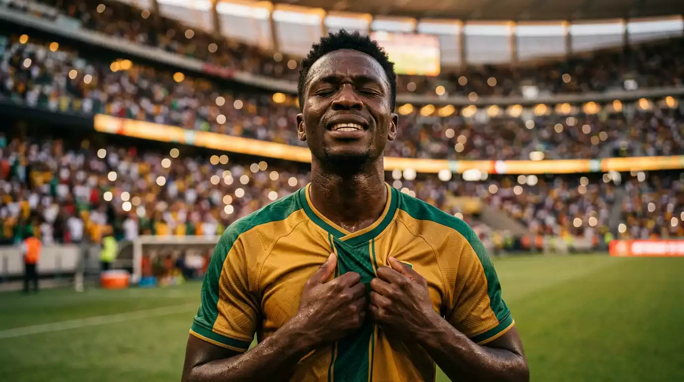 En spiller fra Sydafrika kysser landstrøjen efter en sejrskamp på et VM-stadion