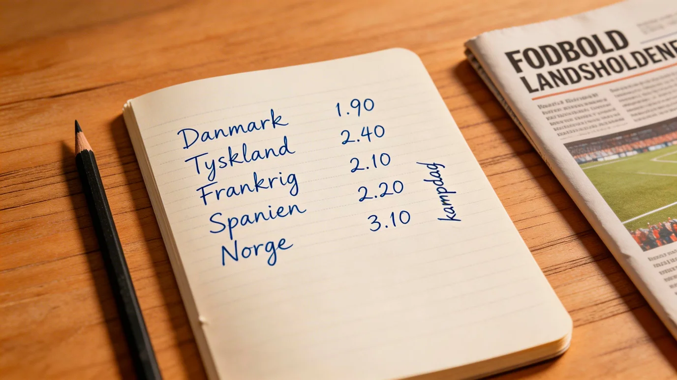 Notesbog med håndskrevne sandsynligheder ud for landenavne og decimaltal fra et outright-marked til VM 2026
