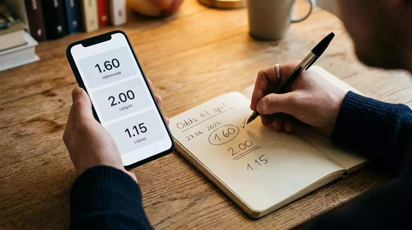 En spiller noterer odds-priser på papir foran en oddstavle med flere bookmakerkurser