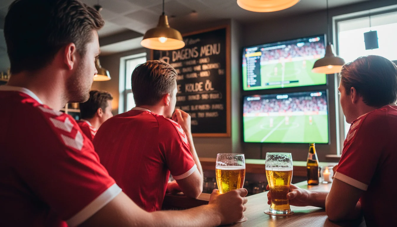 Danske fans samlet på en sportsbar med store skærme og fodboldatmosfære under VM 2026