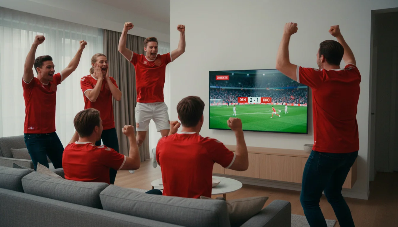 En gruppe danske venner jubler i en stue foran et tv, der viser en VM 2026 fodboldkamp
