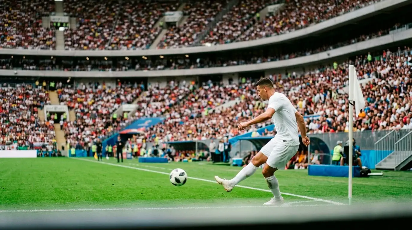 Fodboldspiller tager et hjørnespark med en stor stadion fyldt med fans i baggrunden ved VM 2026