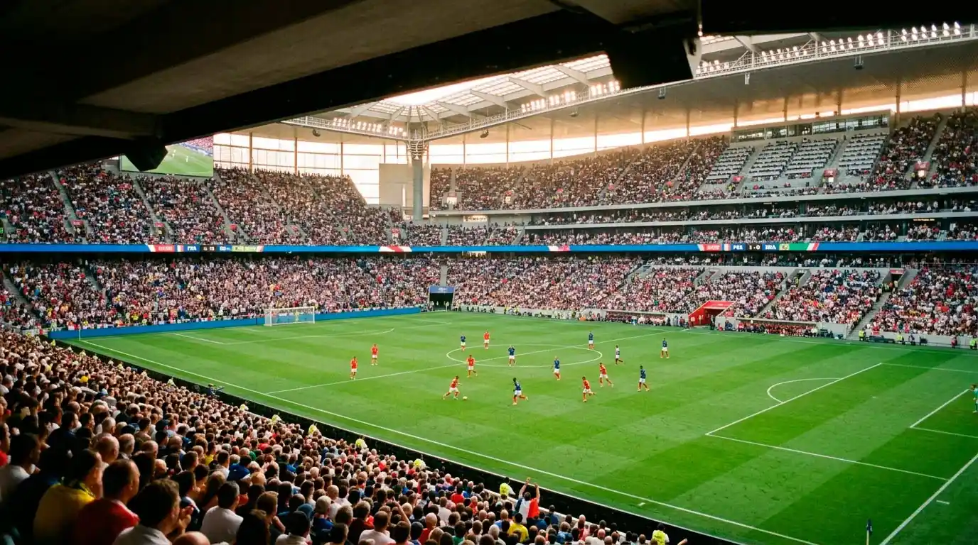 Fodboldspillere på en grøn græsbane under en kamp ved VM 2026 med fyldte tribuner i baggrunden