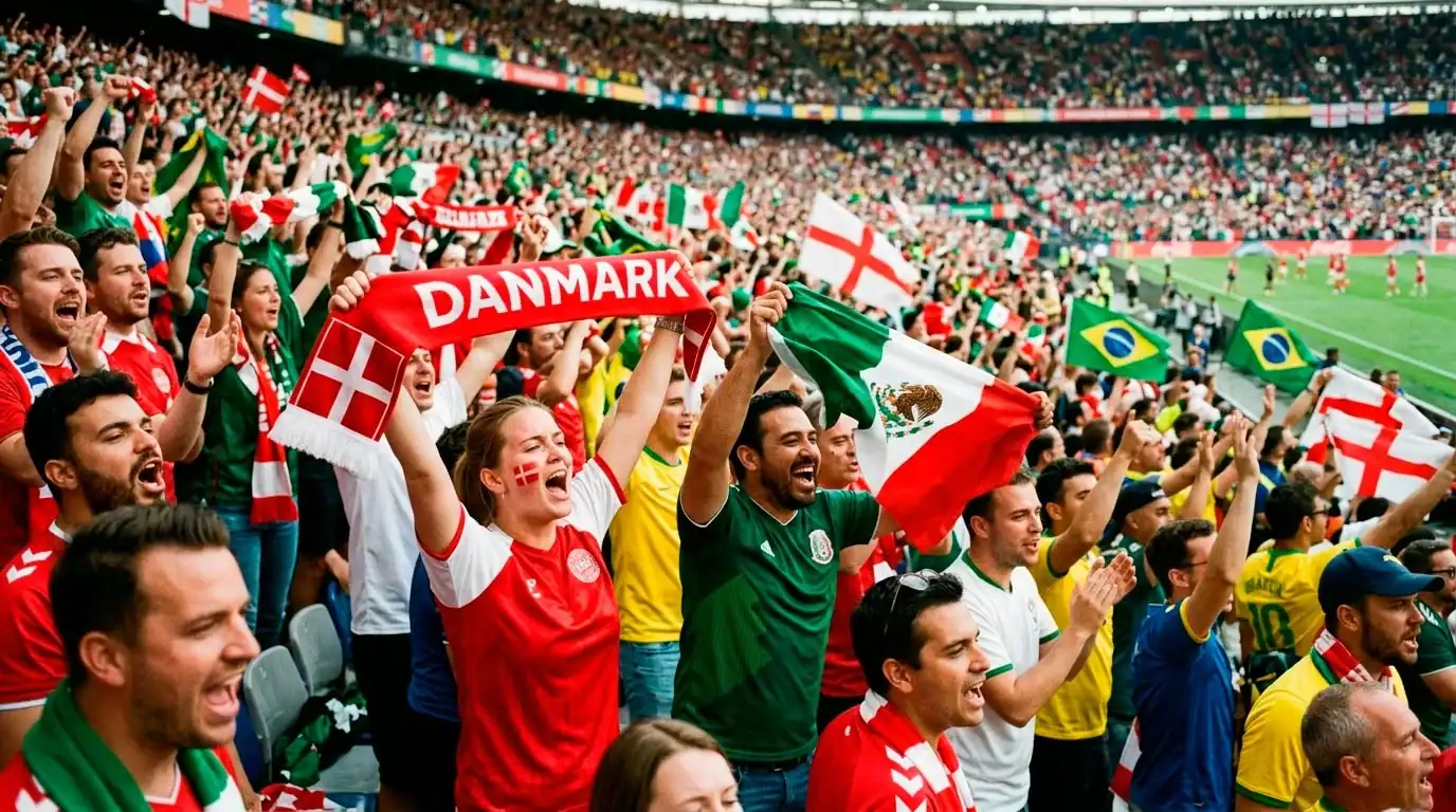 Fodboldfans i farvet trøjer på tribunen jubler under en VM 2026 kamp i et stort stadion