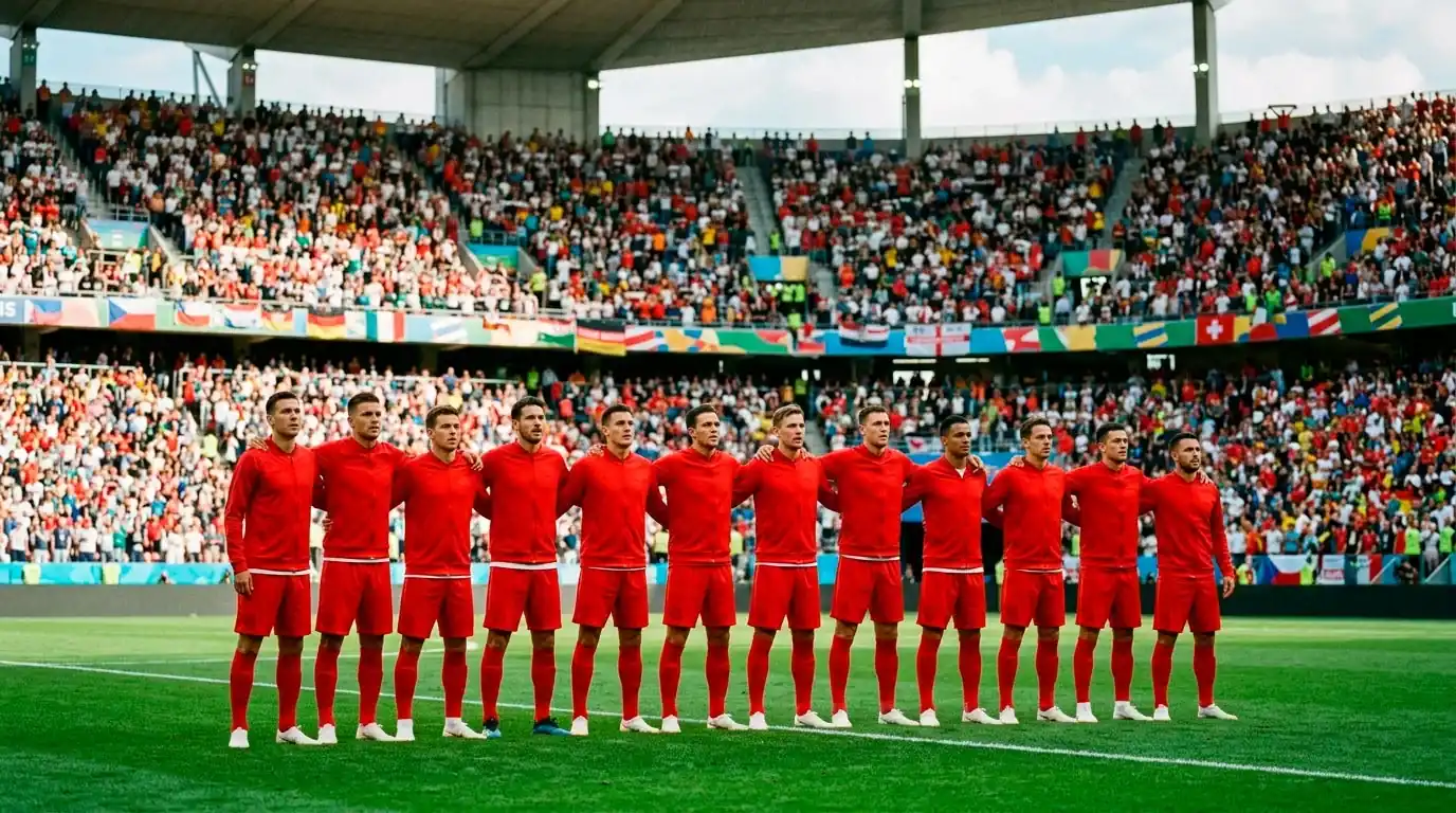 Et fodboldlandshold opstillet på rad foran kampstart på en grøn græsbane ved VM 2026