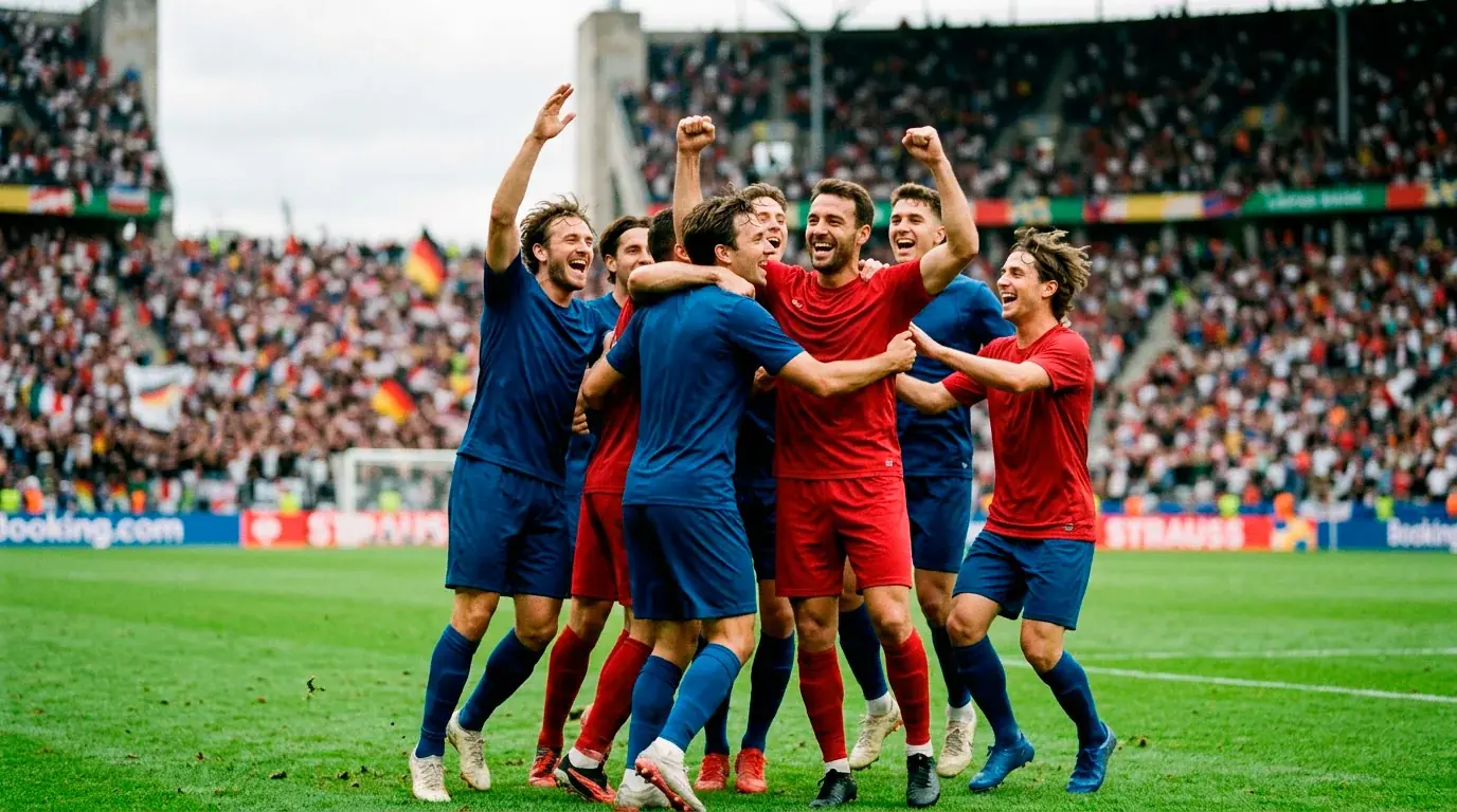 Fodboldspillere jubler sammen efter at have scoret et mål under en VM 2026 gruppespilskamp