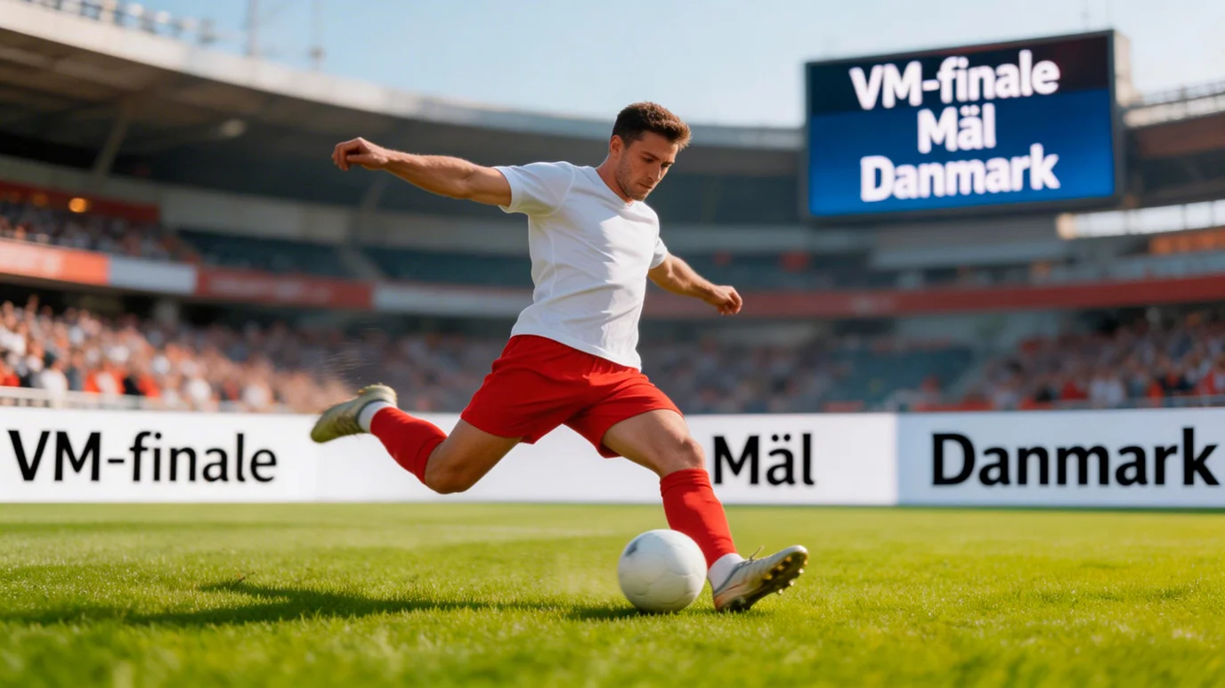 Fodboldspiller skyder bolden mod målet under en VM 2026 kamp på en grøn græsbane