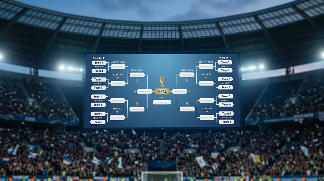 VM 2026 knockout-bracket illustration med kamplinjer og holdnavne