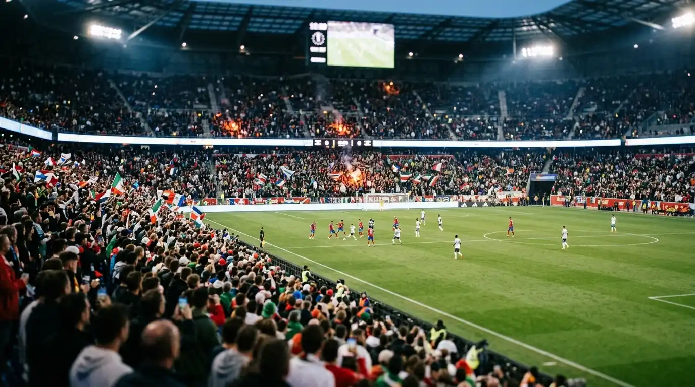 VM 2026 Round of 32 kampbillede med spillere på banen under flombelysning