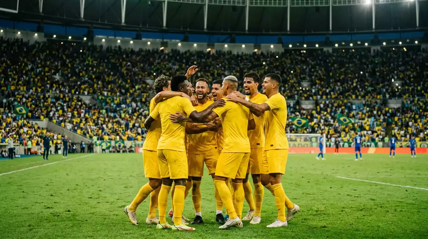 Brasiliens spillere fejrer et mål mod Skotland på Hard Rock Stadium under VM 2026