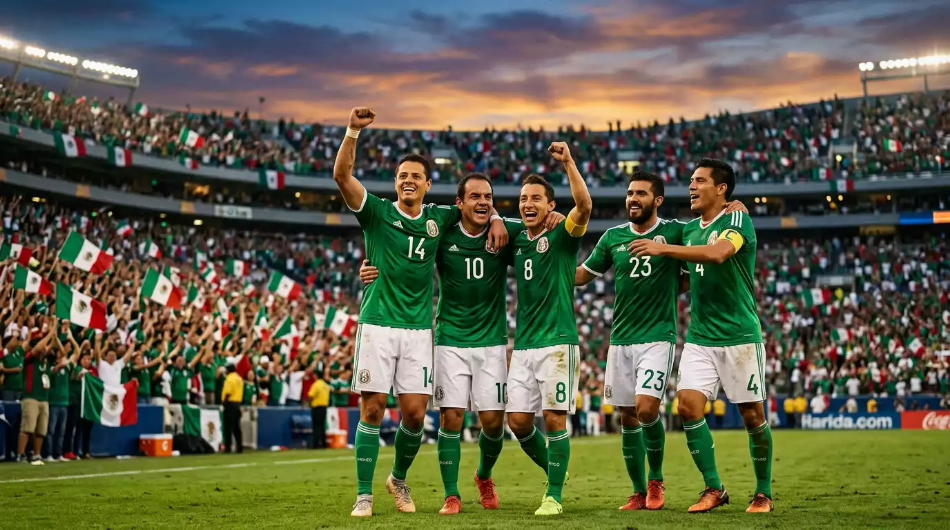 Mexicos spillere fejrer den tredje gruppe-A-sejr på Estadio Azteca