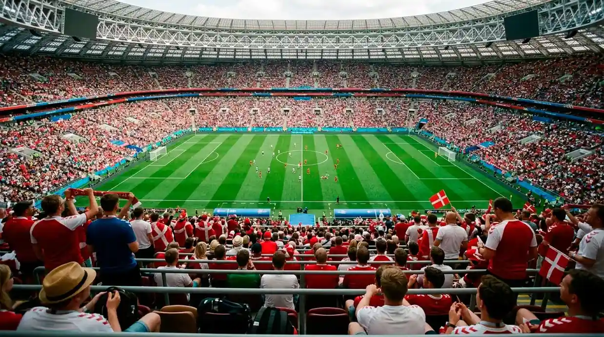 Fodboldbane set fra tribunen i et stort stadion under en VM 2026 kamp med fans i baggrunden