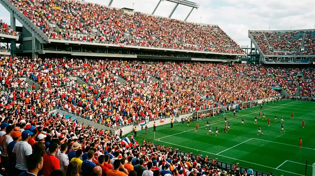 Tæt pakkede tribuner i et amerikansk fodboldstadion under en VM 2026 kamp i dagslys